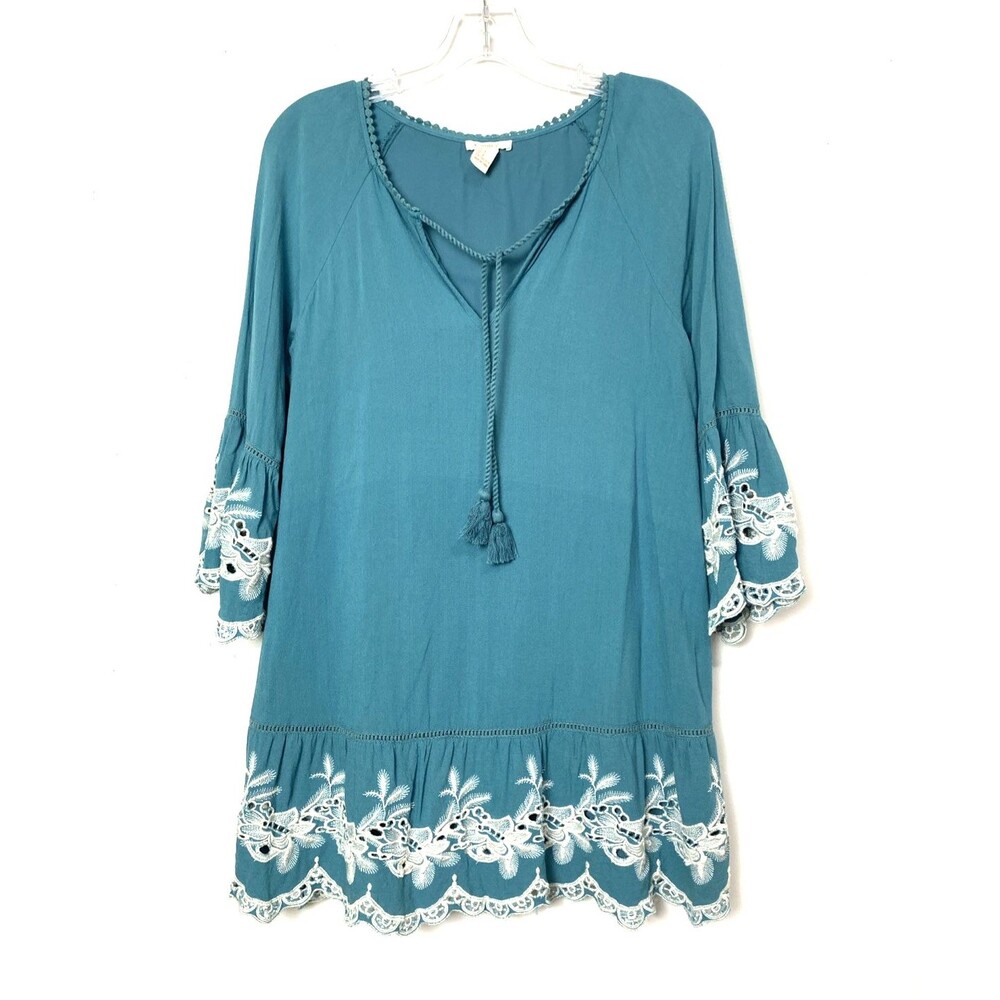 Forever 21 Mini Tunic Dress Embroidered Floral M Teal Bell Sleeves Tassel Boho